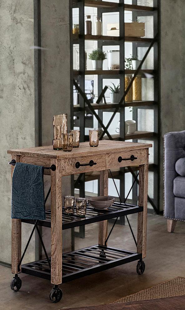 Carrello cucina etnico industrial in legno massello e ferro con ruote in fusione - lapagoda.net