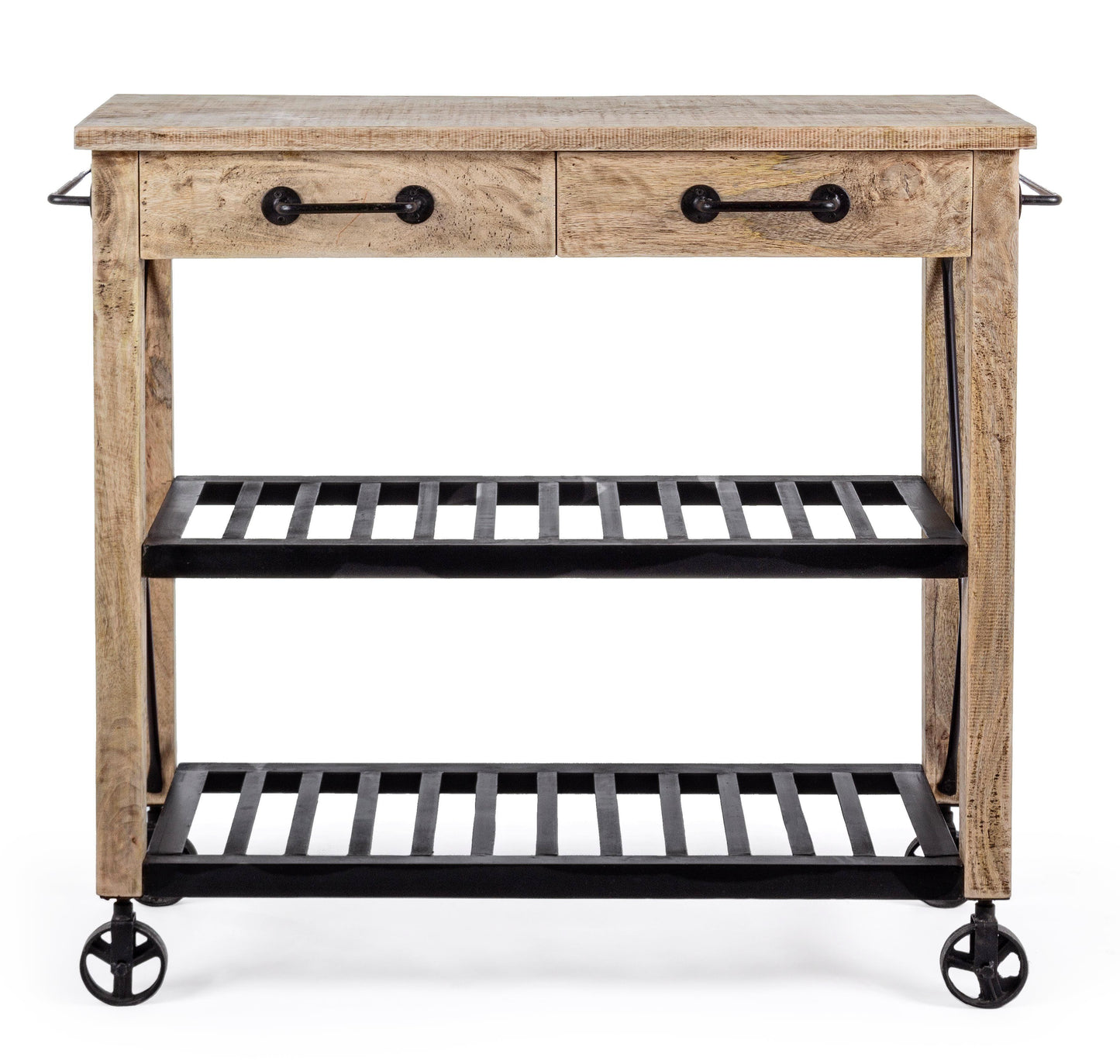 Carrello cucina etnico industrial in legno massello e ferro con ruote in fusione - lapagoda.net
