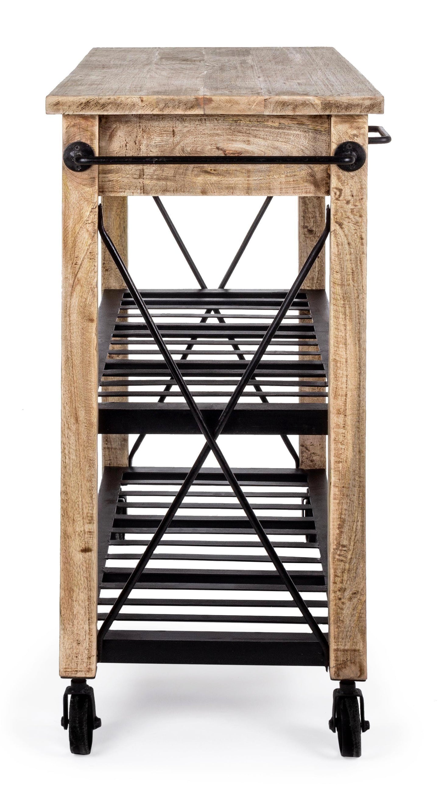 Carrello cucina etnico industrial in legno massello e ferro con ruote in fusione - lapagoda.net