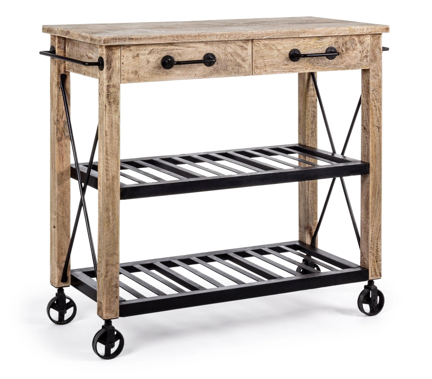 Carrello cucina etnico industrial in legno massello e ferro con ruote in fusione - lapagoda.net