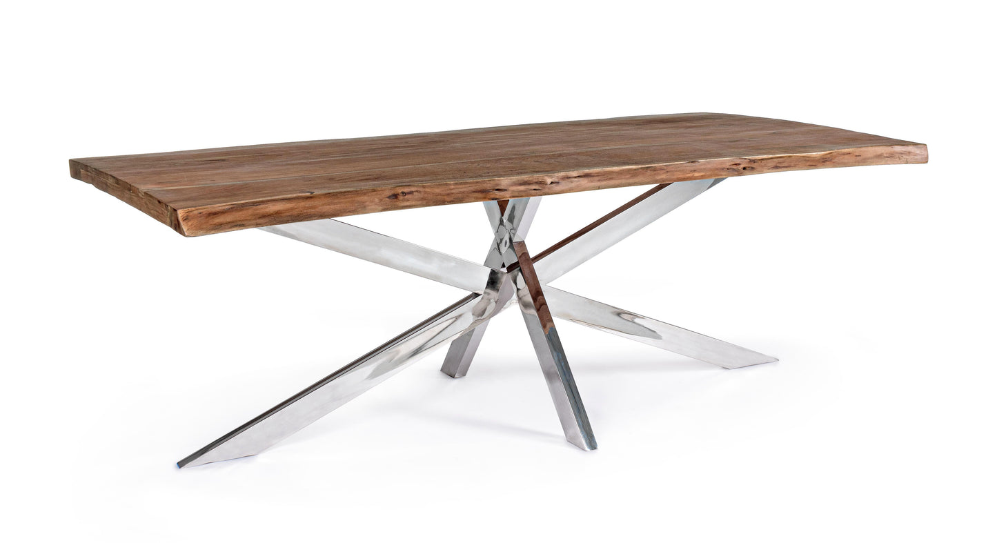 Tavolo industrial gambe in acciaio effetto inox e piano in legno massello bordo vivo - lapagoda.net