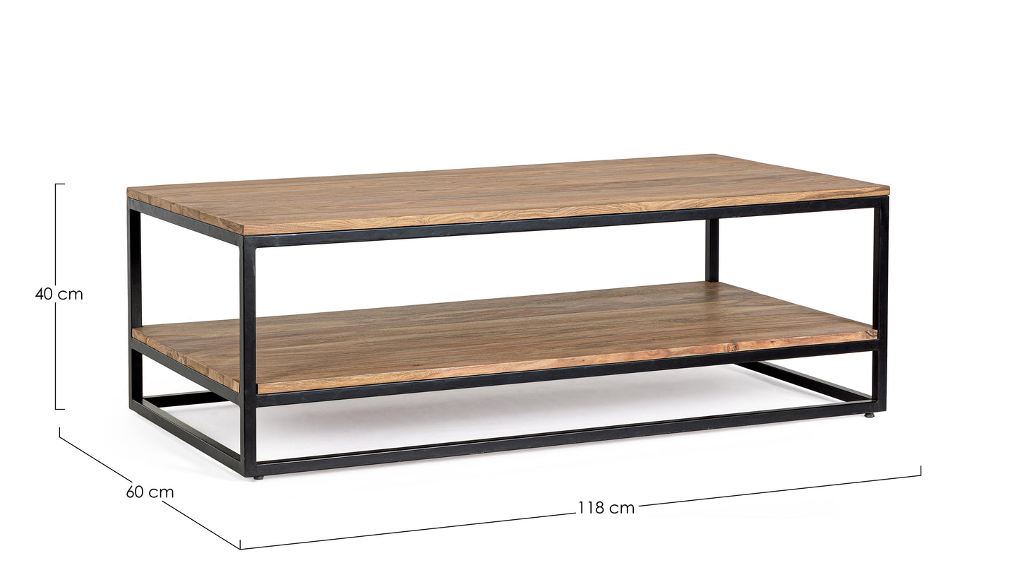 Tavolino industrial con doppio piano in legno massiccio e struttura in acciaio