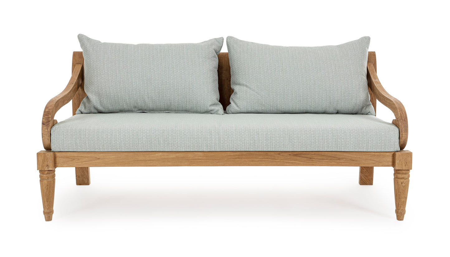 Divano etnico 2-3 posti in legno teak naturale finitura rustica con cuscini sfoderabili