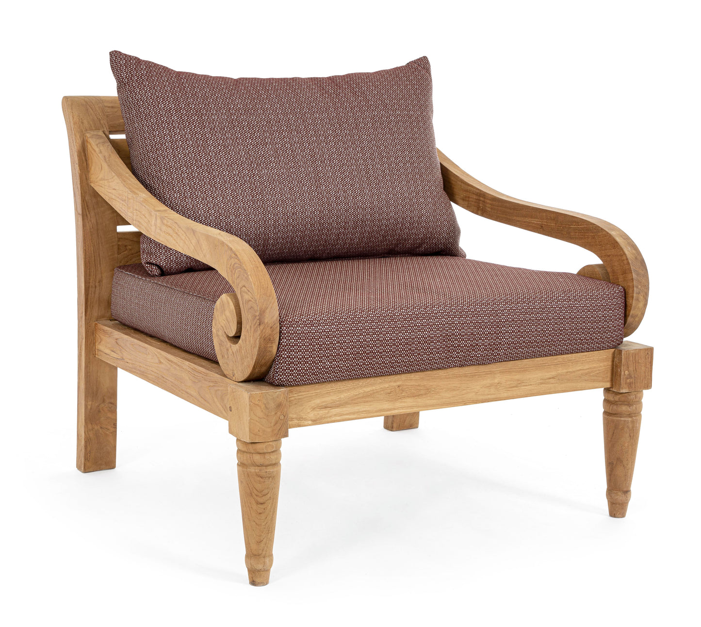 Poltrona etnica in legno teak naturale finitura rustica con cuscini