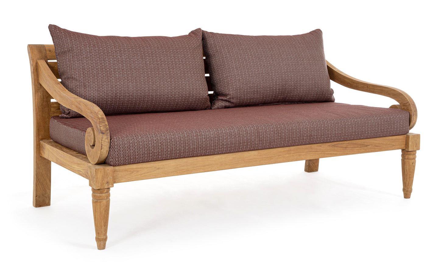 Divano etnico 2-3 posti in legno teak naturale finitura rustica con cuscini sfoderabili