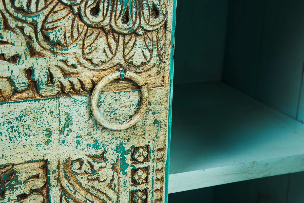 Credenza indiana vecchi timbri legno massiccio dipinta 2 ante