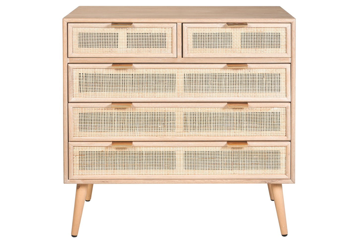 Cassettiera stile vintage con frontali in Rattan e struttura in legno 5 cassetti