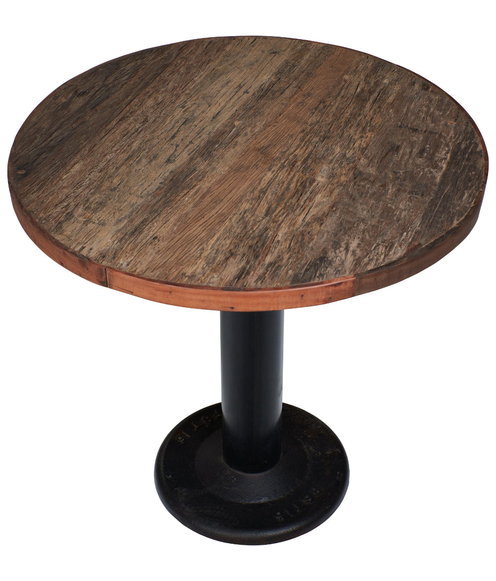 Tavolino da pranzo vintage rotondo con piano in legno e base in ferro, altezza 76 cm