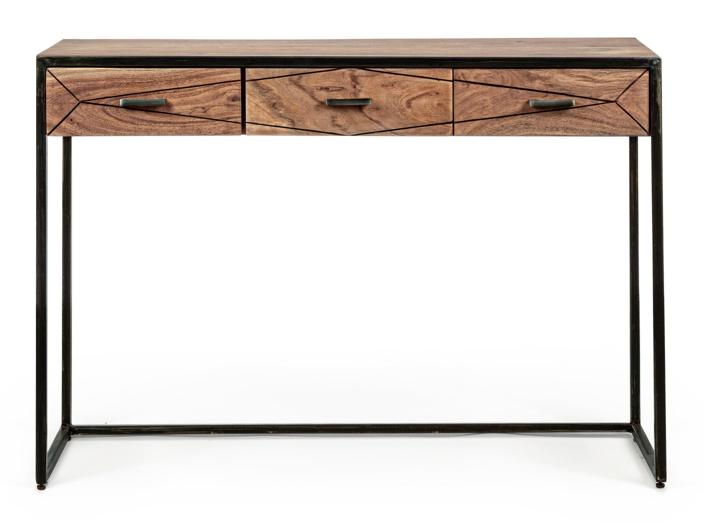 Consolle industrial vintage decorazione geometrica in legno massello e struttura in ferro con 3 cassetti - lapagoda.net