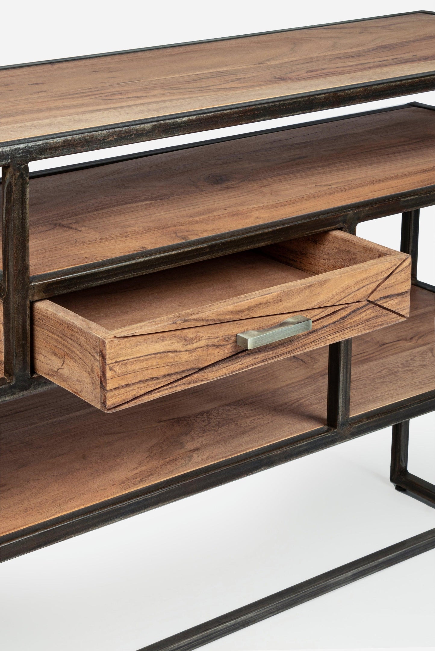 Consolle industrial vintage in legno massello e struttura in ferro con 1 cassetto