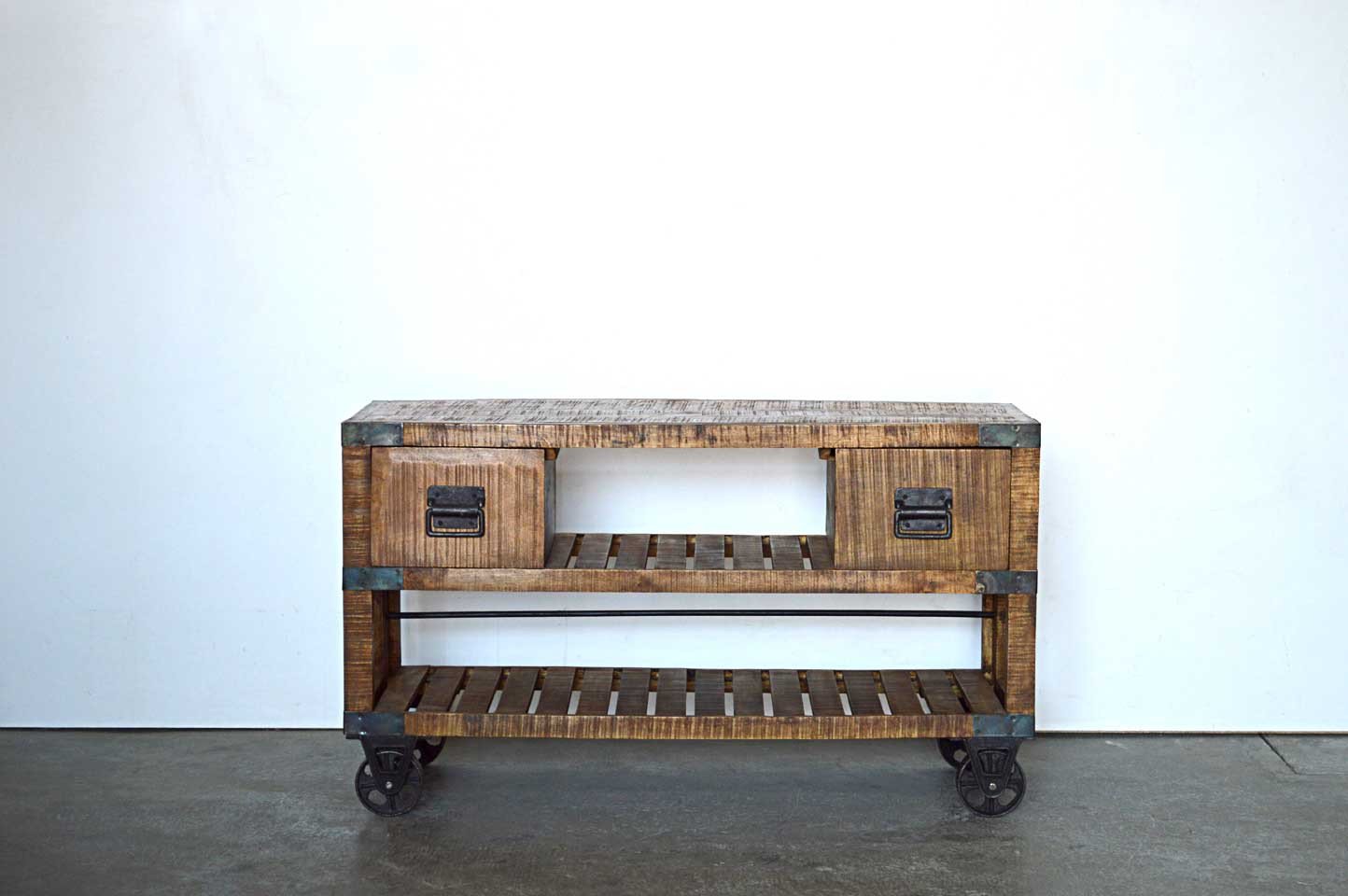 Credenza Porta TV Industrial con ruote in Legno Massello Country Rustico - 2 vani 2 cassetti -SAM14006- - lapagoda.net