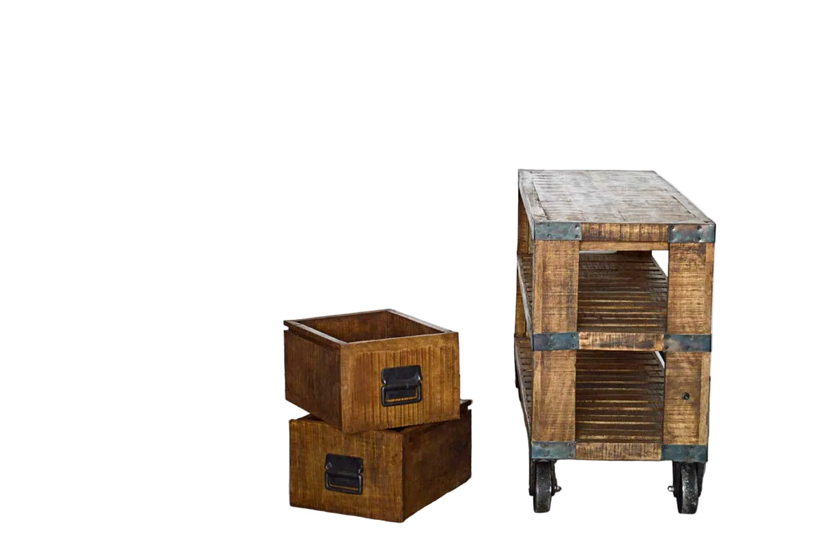 Credenza Porta TV Industrial con ruote in Legno Massello Country Rustico - 2 vani 2 cassetti -SAM14006- - lapagoda.net