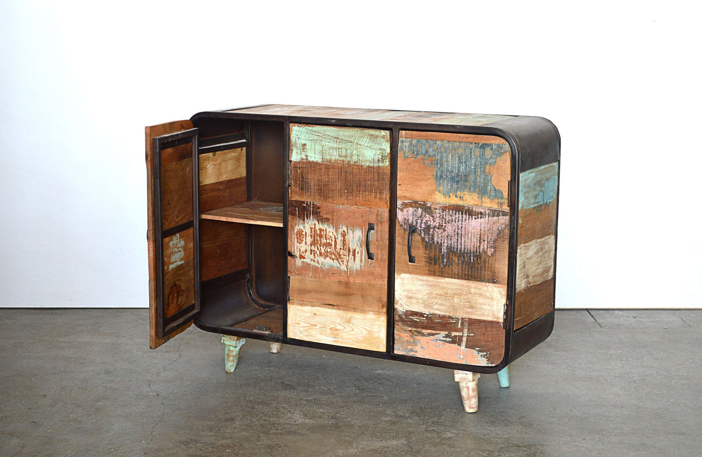 Credenza Vintage Industrial in Legno Riciclato Multicolore e Ferro Battuto - 3 ante -S.14- SCONTO - lapagoda.net