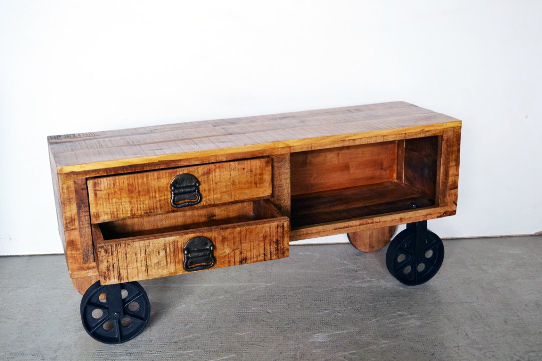 Credenza porta tv Industrial in Legno Massello con ruote in ferro - 2 cassetti 1 vano - BHL1152 - lapagoda.net