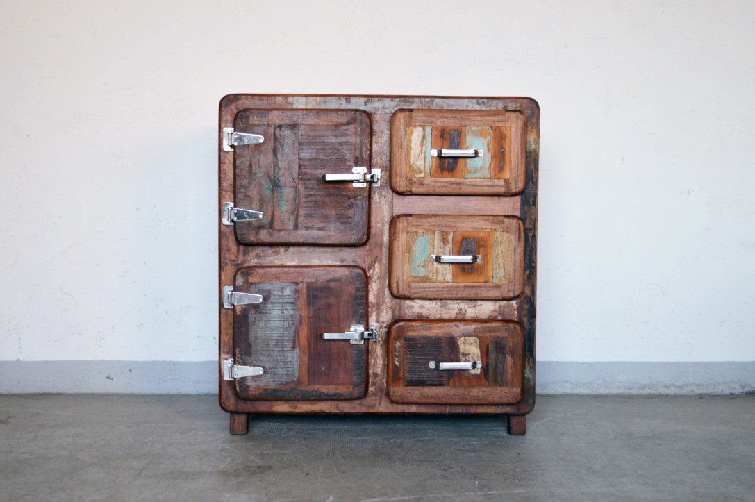 Credenza vecchi frigo in legno massello di recupero con maniglie tipo ghiacciaia - 3 cassetti 2 ante -FRI2A3C0- - lapagoda.net