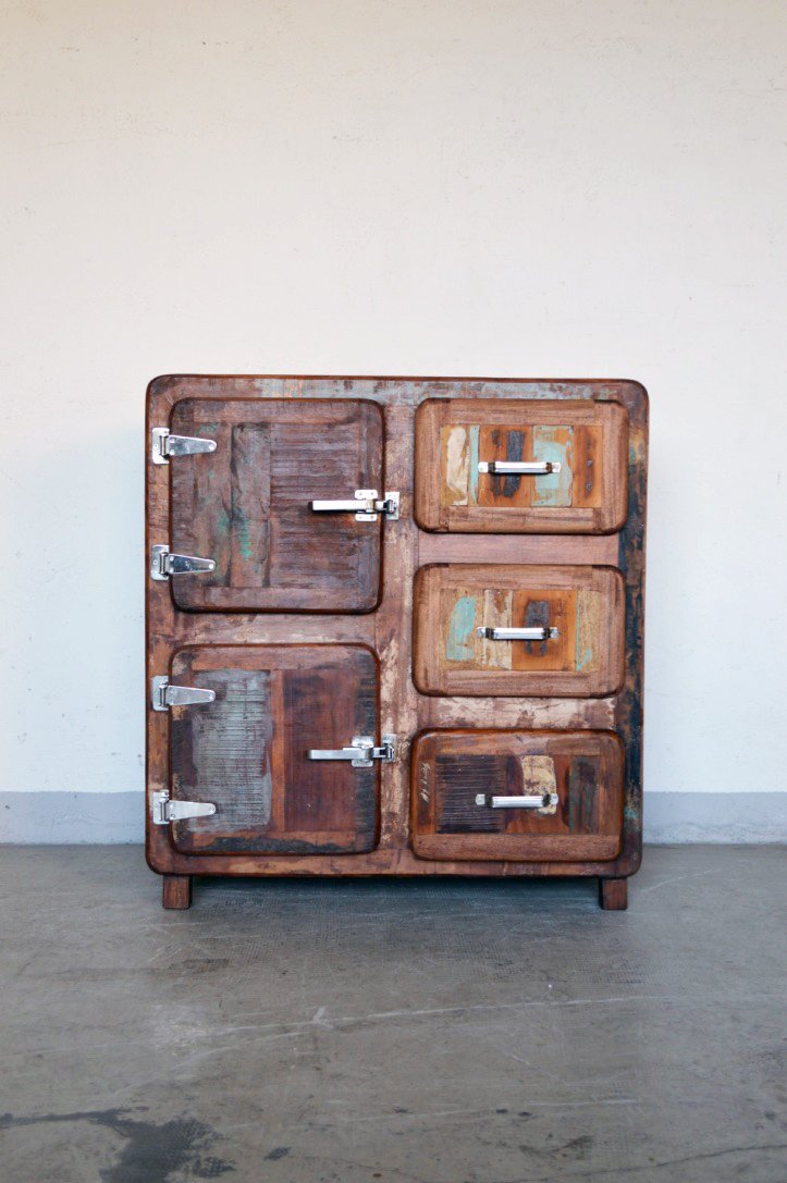 Credenza vecchi frigo in legno massello di recupero con maniglie tipo ghiacciaia - 3 cassetti 2 ante -FRI2A3C0- - lapagoda.net