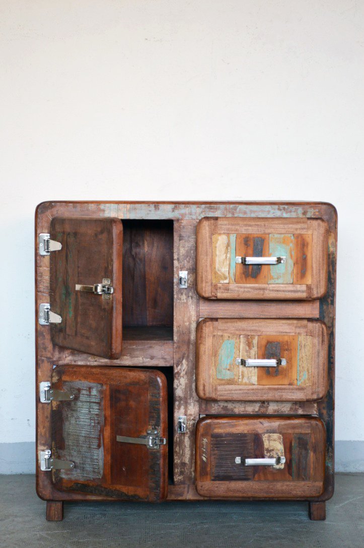 Credenza vecchi frigo in legno massello di recupero con maniglie tipo ghiacciaia - 3 cassetti 2 ante -FRI2A3C0- - lapagoda.net