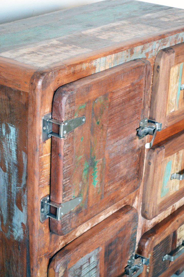 Credenza vecchi frigo in legno massello di recupero con maniglie tipo ghiacciaia - 3 cassetti 2 ante -FRI2A3C0- - lapagoda.net
