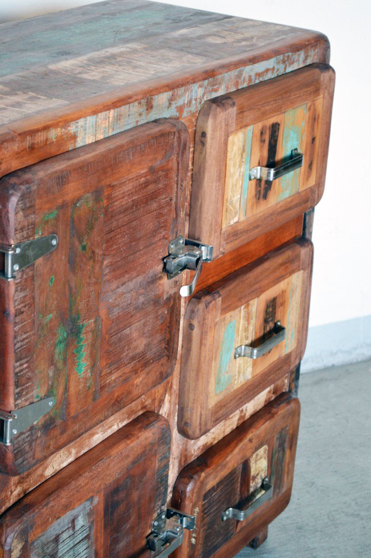 Credenza vecchi frigo in legno massello di recupero con maniglie tipo ghiacciaia - 3 cassetti 2 ante -FRI2A3C0- - lapagoda.net