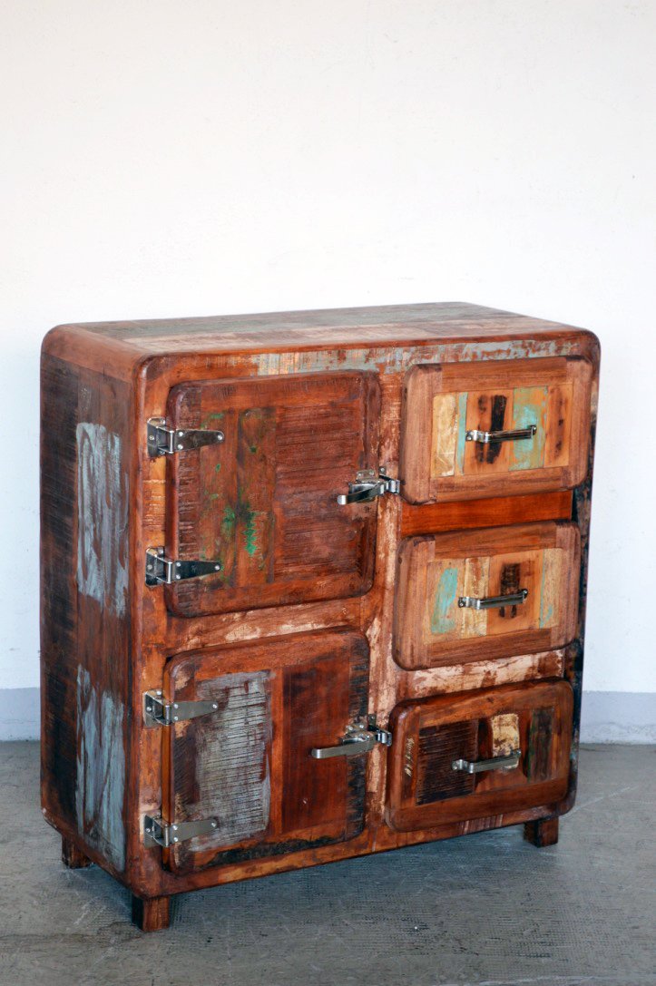 Credenza vecchi frigo in legno massello di recupero con maniglie tipo ghiacciaia - 3 cassetti 2 ante -FRI2A3C0- - lapagoda.net