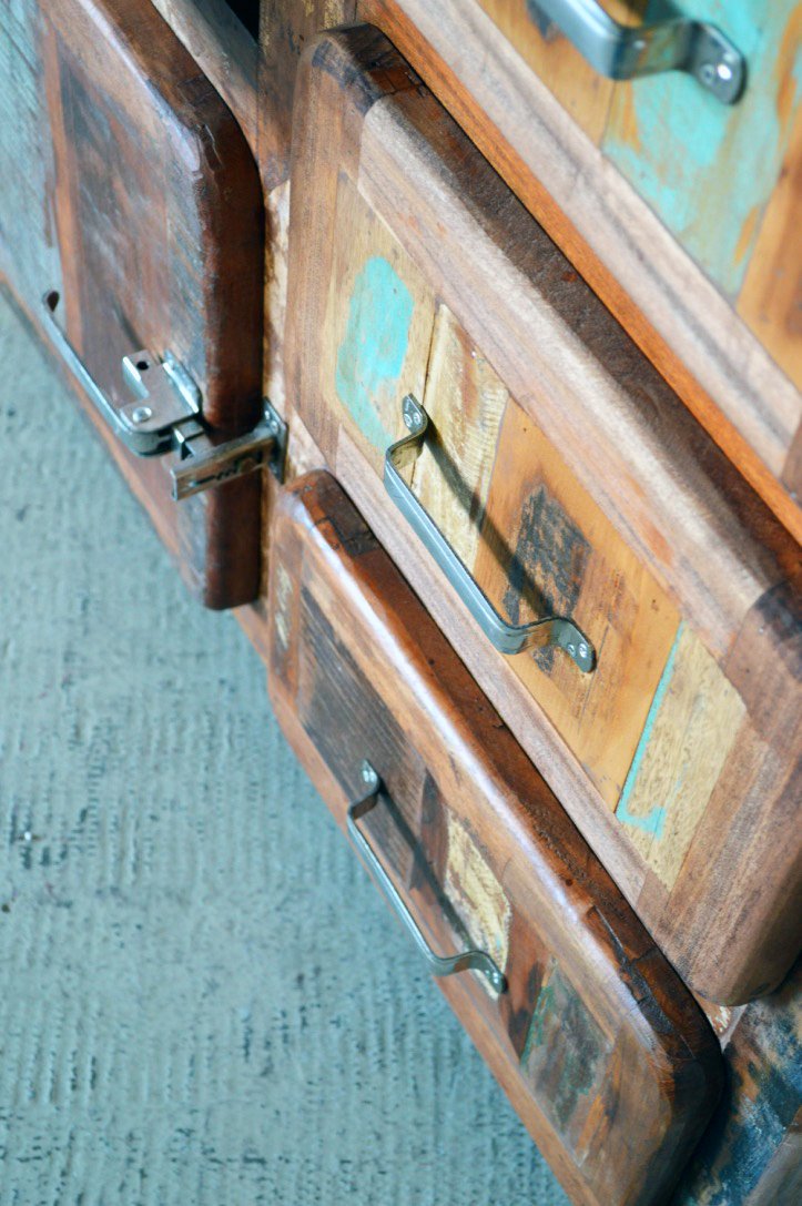 Credenza vecchi frigo in legno massello di recupero con maniglie tipo ghiacciaia - 3 cassetti 2 ante -FRI2A3C0- - lapagoda.net