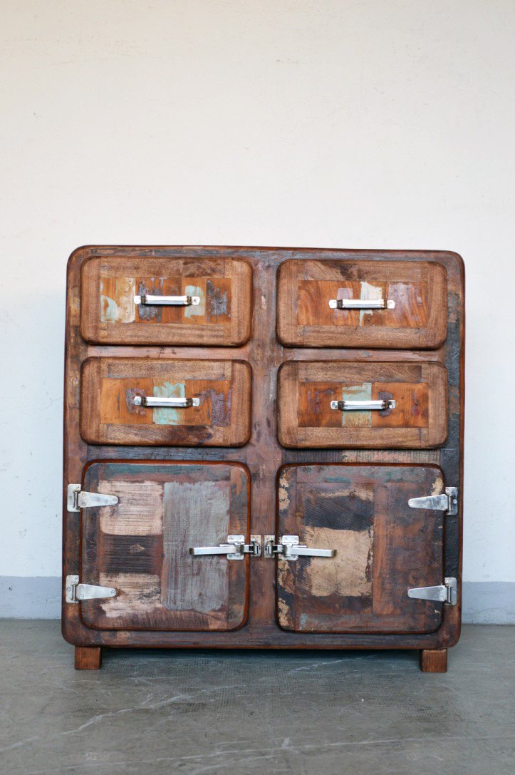 Credenza cassettiera vecchi frigo in legno massello di recupero con maniglie tipo ghiacciaia - 4 cassetti 2 ante -FRI2A4C0- - lapagoda.net