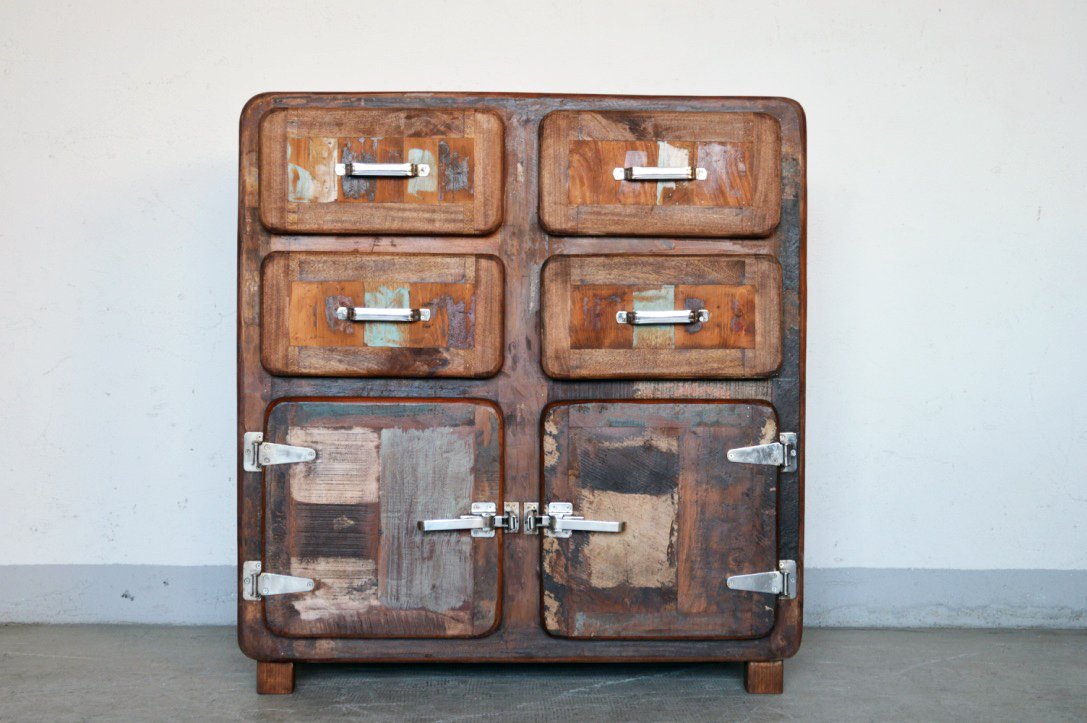 Credenza cassettiera vecchi frigo in legno massello di recupero con maniglie tipo ghiacciaia - 4 cassetti 2 ante -FRI2A4C0- - lapagoda.net