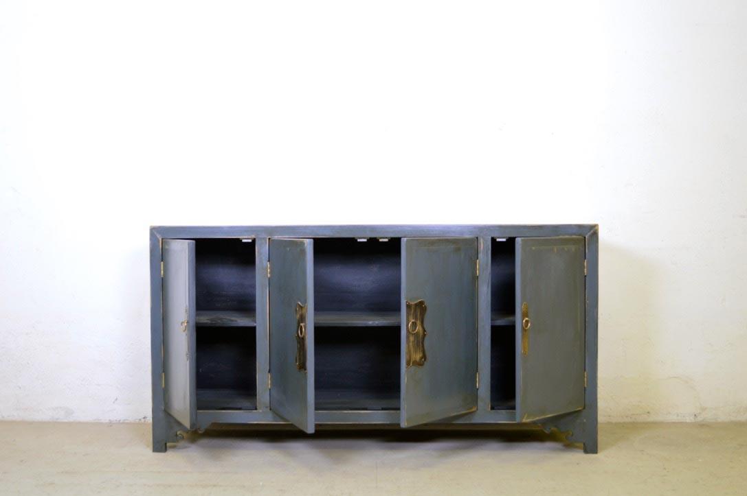 Credenza cinese in legno massello lacca blu grigio maniglie in ottone 4 ante - lapagoda.net