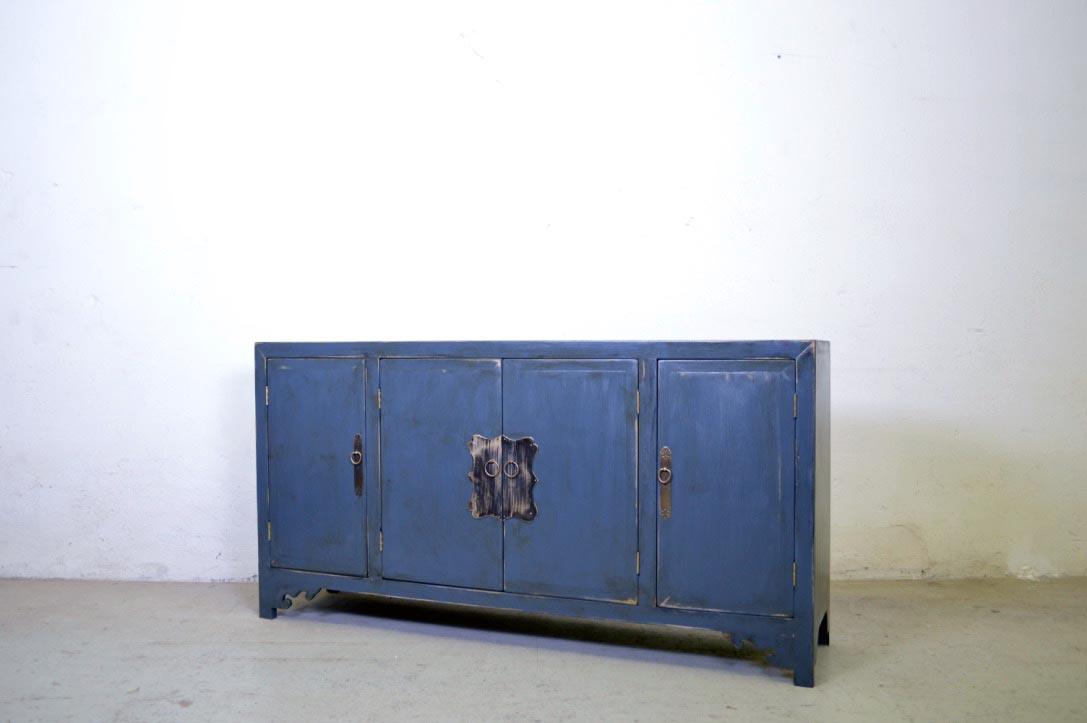 Credenza cinese in legno massello lacca blu grigio maniglie in ottone 4 ante - lapagoda.net