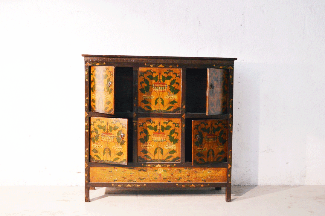 Credenza cinese con Dipinto in lacca naturale, originale Cina Tibet 4 ante K0284 - lapagoda.net