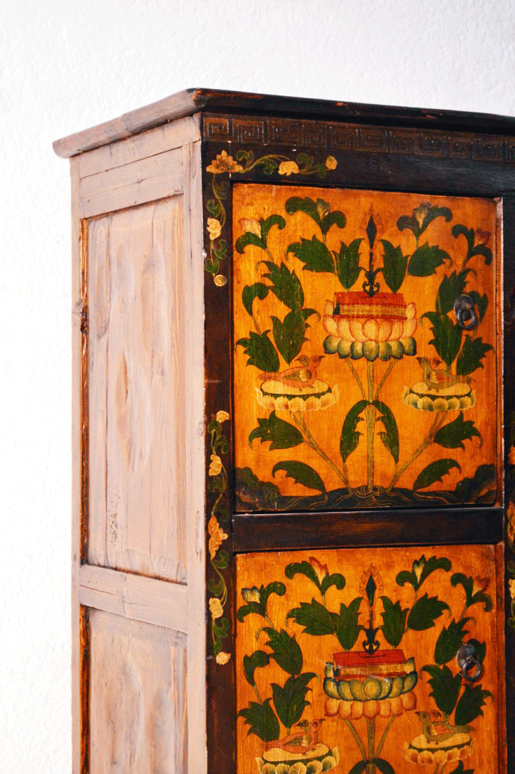 Credenza cinese con Dipinto in lacca naturale, originale Cina Tibet 4 ante K0284 - lapagoda.net