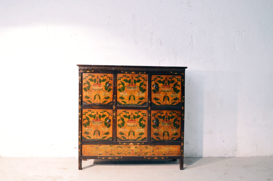 Credenza cinese con Dipinto in lacca naturale, originale Cina Tibet 4 ante K0284 - lapagoda.net