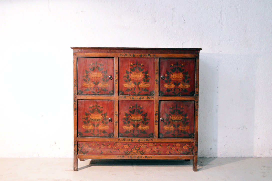 Credenza cinese con Dipinto in lacca naturale, originale Cina Tibet 4 ante K0241 0143 - lapagoda.net