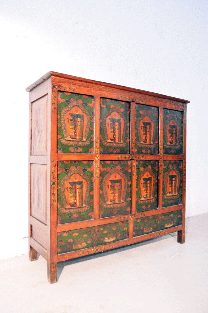 Credenza cinese con Dipinto in lacca naturale, originale Cina Tibet 4 ante K0280 - lapagoda.net