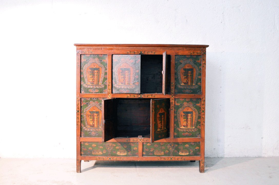 Credenza cinese con Dipinto in lacca naturale, originale Cina Tibet 4 ante K0280 - lapagoda.net