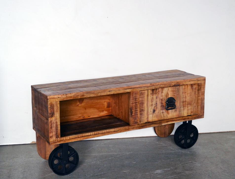 Credenza porta tv Industrial in Legno Massello con ruote in ferro - 1 anta 1 vano - BHL1152 - lapagoda.net