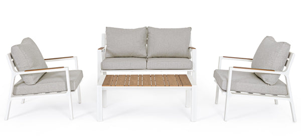 Set poltrone divano tavolino da esterno in alluminio con inserti teak