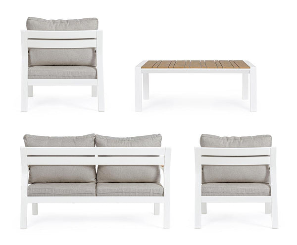 Set poltrone divano tavolino da esterno in alluminio con inserti teak
