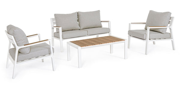 Set poltrone divano tavolino da esterno in alluminio con inserti teak