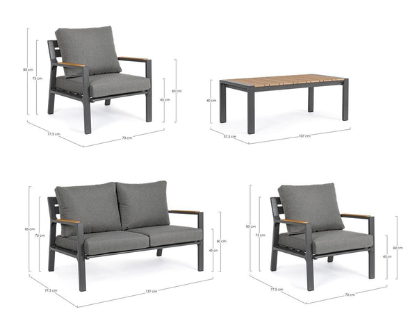 Set poltrone divano tavolino da esterno in alluminio con inserti teak