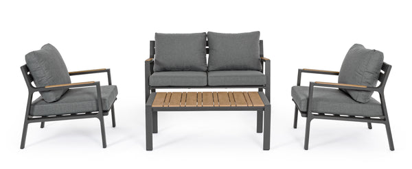 Set poltrone divano tavolino da esterno in alluminio con inserti teak