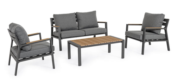 Set poltrone divano tavolino da esterno in alluminio con inserti teak