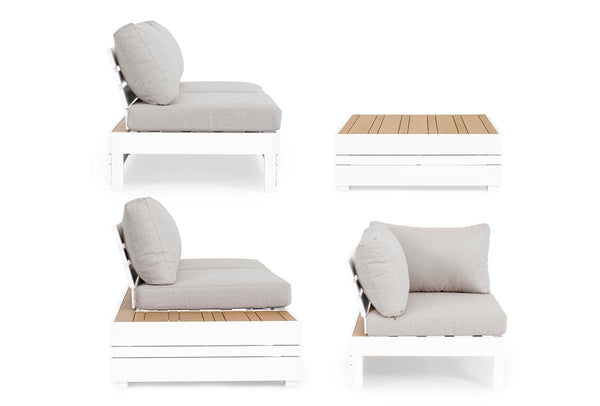 Set salotto angolare da esterno in alluminio con inserti teak