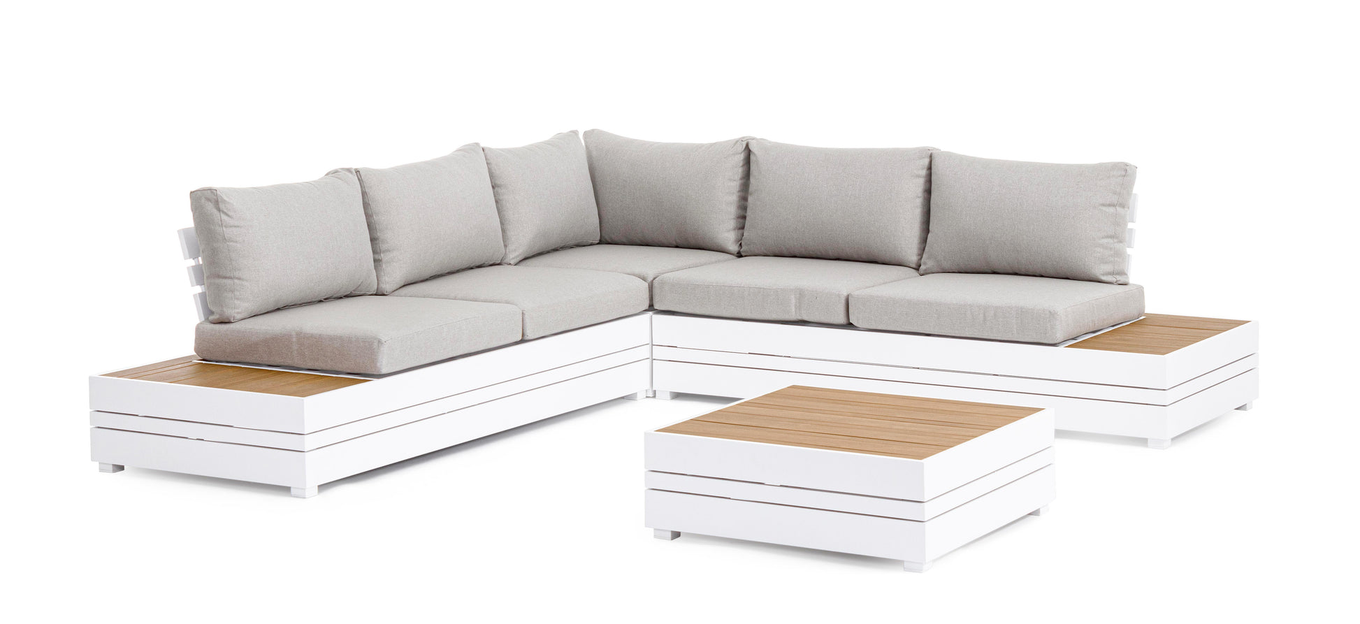 Set salotto angolare da esterno in alluminio con inserti teak - lapagoda.net