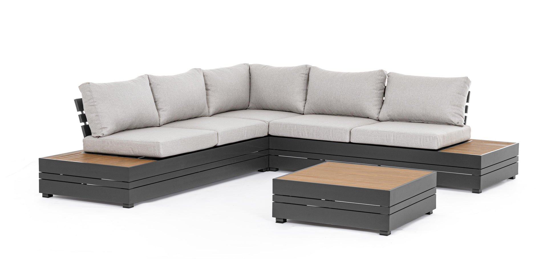 Set salotto angolare da esterno in alluminio con inserti teak - lapagoda.net