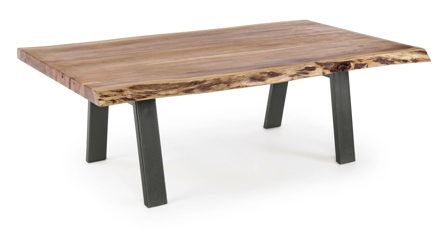 Tavolino etnico industrial legno massiccio bordo vivo e ferro