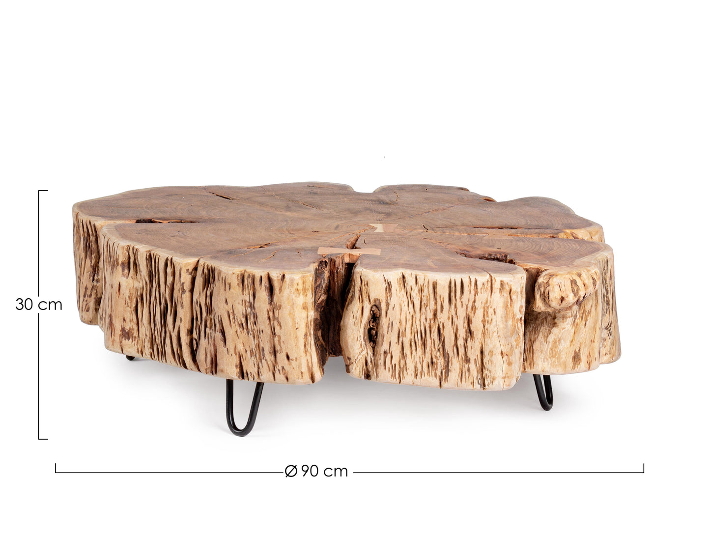Tavolino da caffè in legno massiccio tronco gambette in ferro
