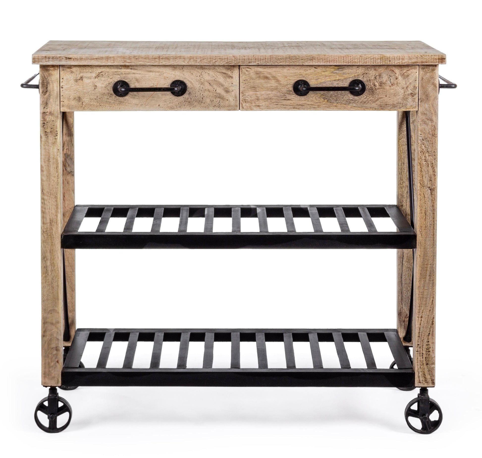 Carrello cucina etnico industrial in legno massello e ferro con ruote in fusione - lapagoda.net