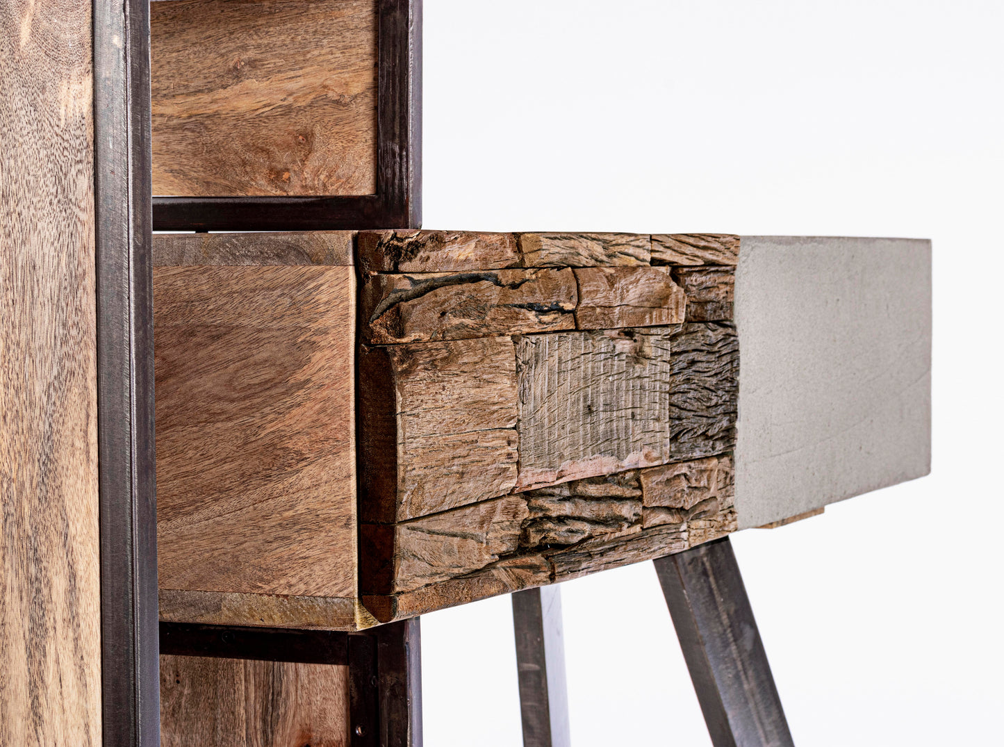 Consolle credenza industrial con frontali in legno ferro e cemento 2 cassetti