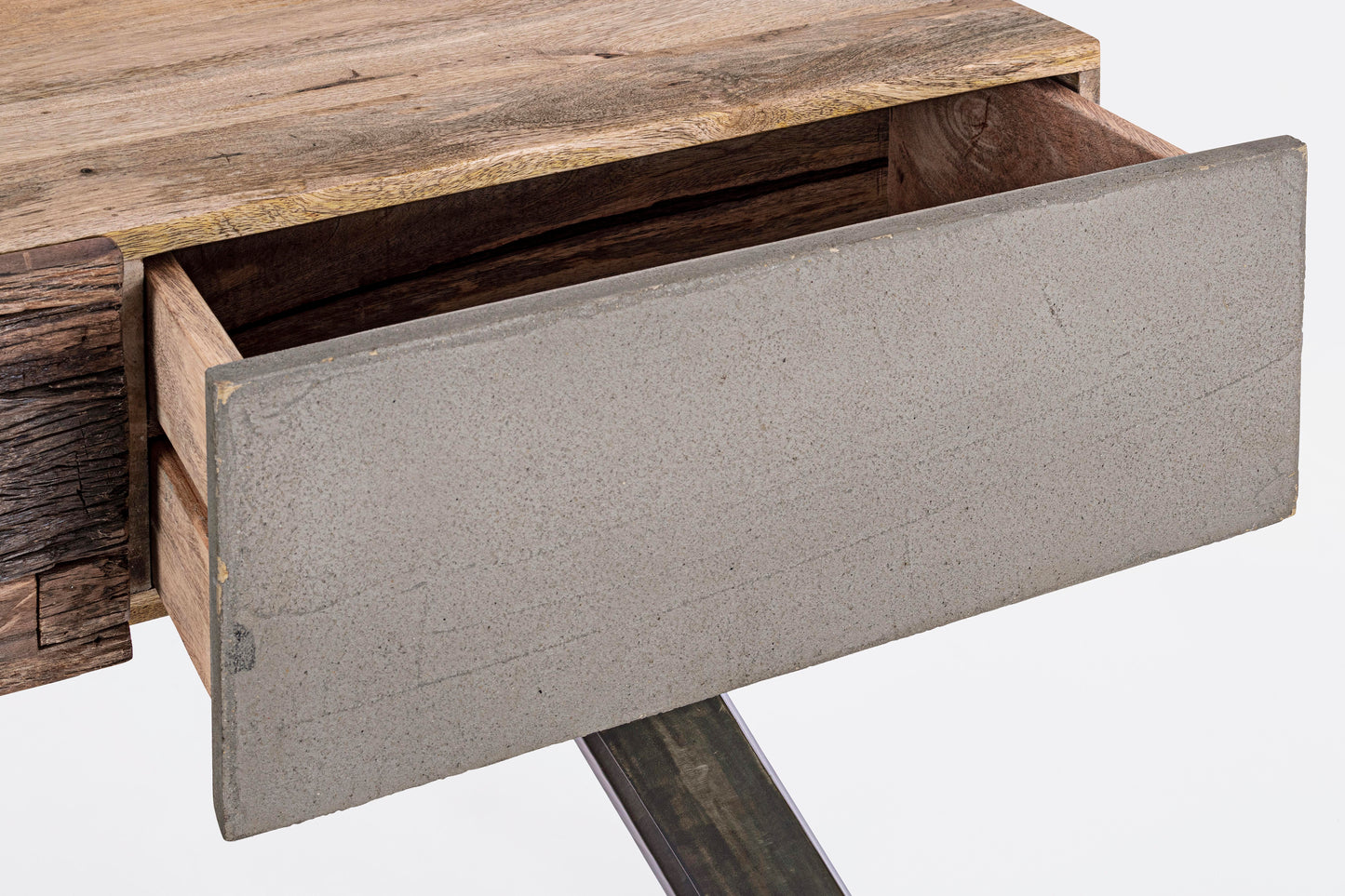 Consolle credenza industrial con frontali in legno ferro e cemento 2 cassetti